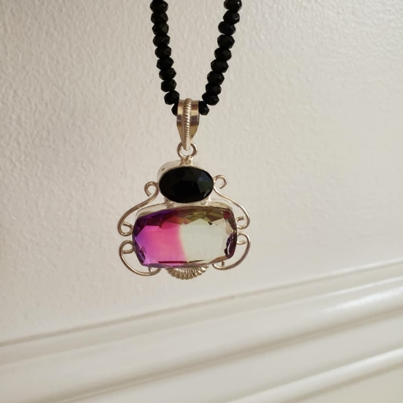 Necklace tourmaline pendant, silver, onyx strand. - Picture 5 of 8